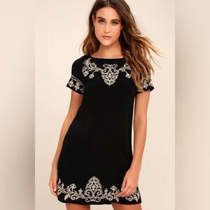 LuLu’s Tale to Tell Beige and Black Embroidered Shift Dress Size M EUC party